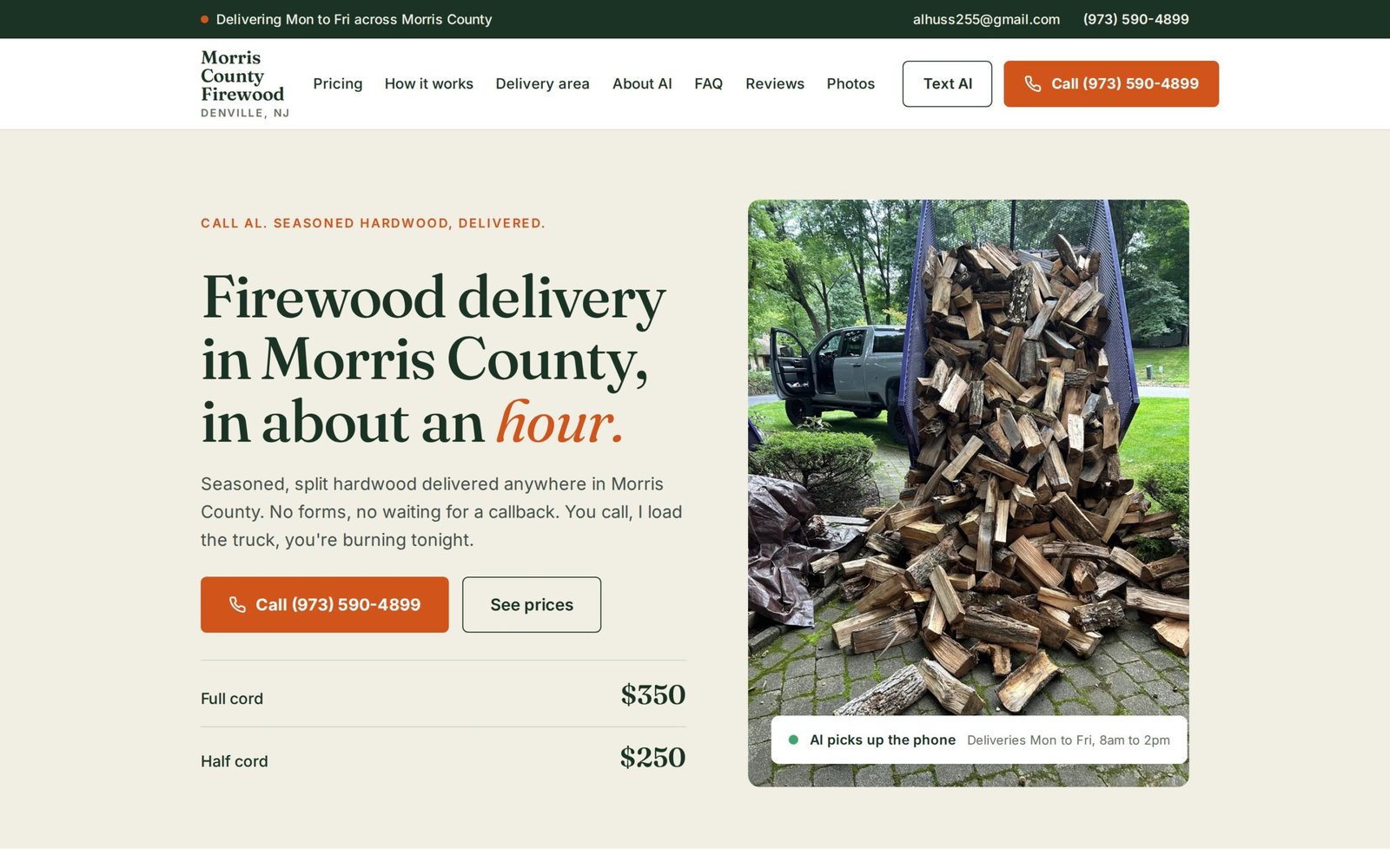 Firewood delivery WordPress website for Morris County Firewood, homepage screenshot