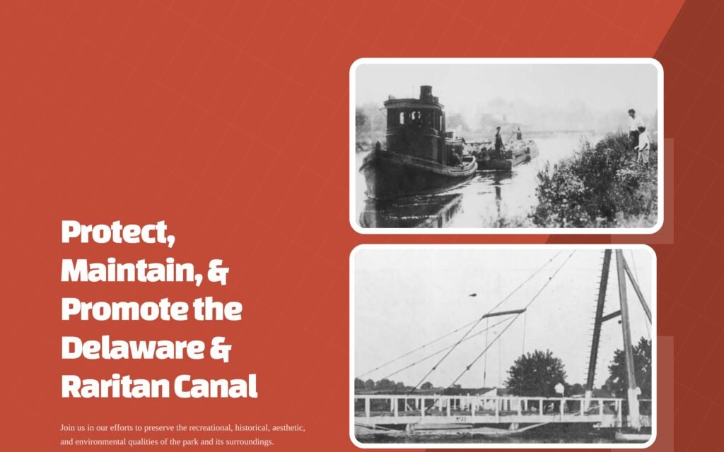 D&R Canal Watch homepage hero with historic Delaware and Raritan Canal photos and a donate button