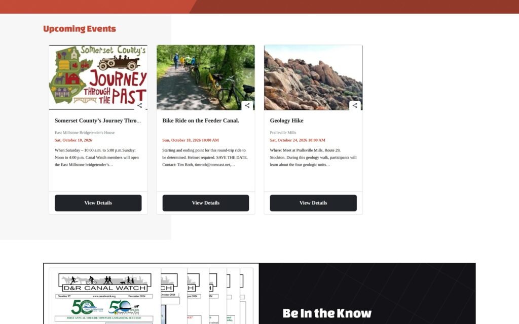Upcoming events section listing D&R Canal walks, bike rides, and hikes