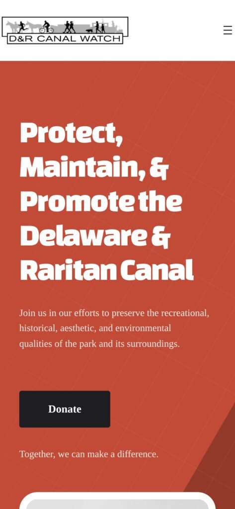 Mobile view of the D&R Canal Watch nonprofit website homepage