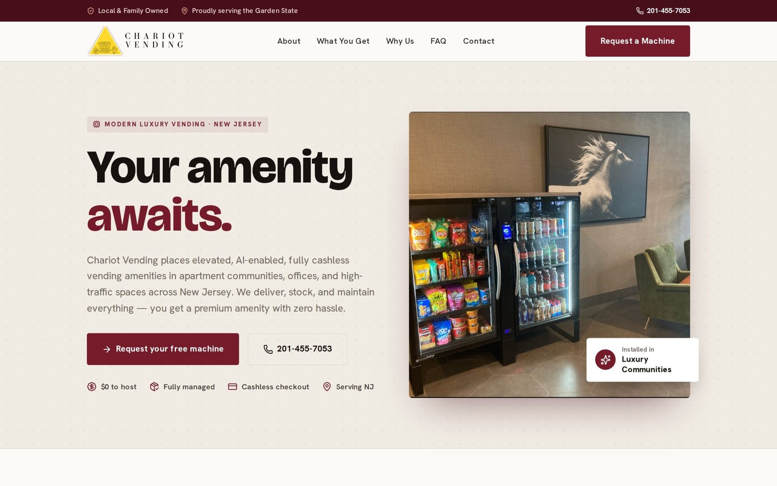 Vending company WordPress website for Chariot Vending, homepage screenshot